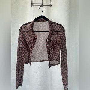 Peppermayo Brown Checkered Sheer Button Crop Top